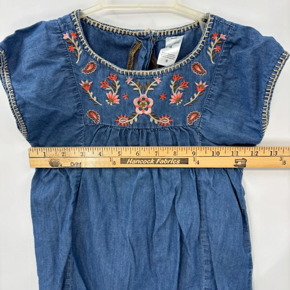 Carter's Embroidered Chambray Top Kids 4 Blue Floral Boho Babydoll Denim Cottage